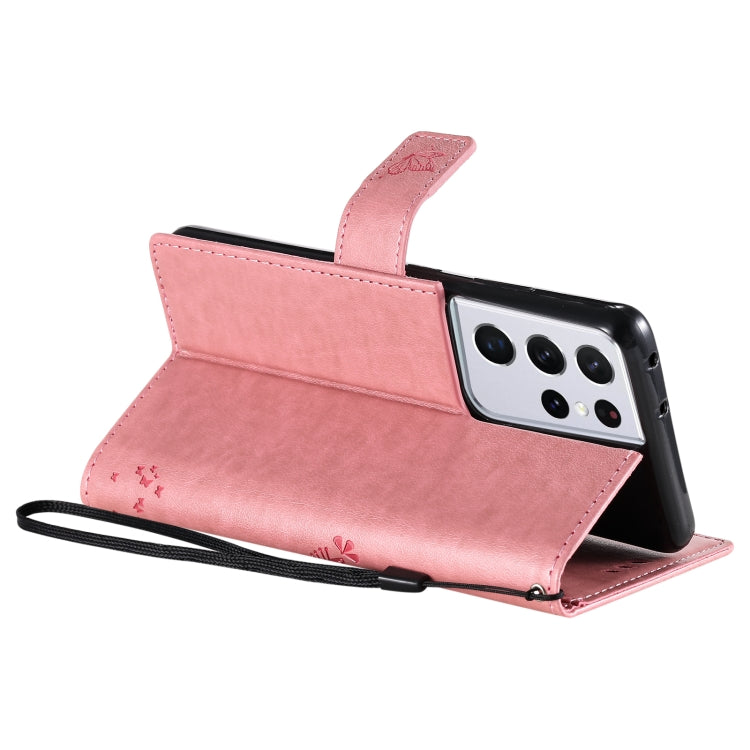 For Samsung Galaxy S21 Ultra 5G Tree & Cat Pattern Pressed Printing Horizontal Flip PU Leather Case with Holder & Card Slots & Wallet & Lanyard(Pink) by buy2fix