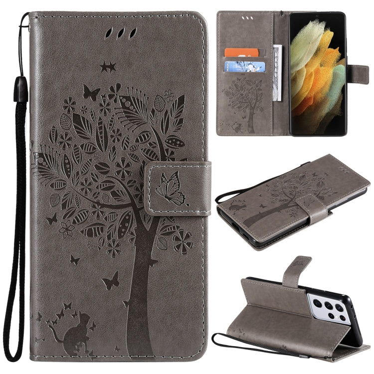 For Samsung Galaxy S21 Ultra 5G Tree & Cat Pattern Pressed Printing Horizontal Flip PU Leather Case with Holder & Card Slots & Wallet & Lanyard(Gray) by buy2fix
