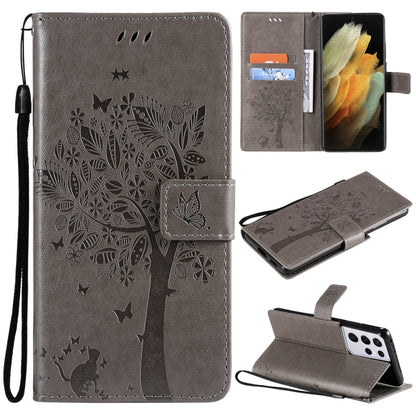 For Samsung Galaxy S21 Ultra 5G Tree & Cat Pattern Pressed Printing Horizontal Flip PU Leather Case with Holder & Card Slots & Wallet & Lanyard(Gray) by buy2fix