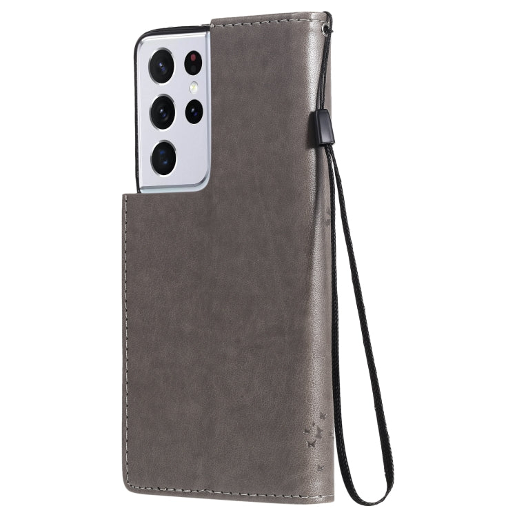 For Samsung Galaxy S21 Ultra 5G Tree & Cat Pattern Pressed Printing Horizontal Flip PU Leather Case with Holder & Card Slots & Wallet & Lanyard(Gray) by buy2fix