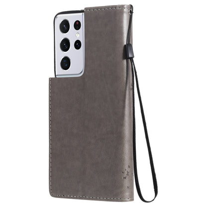 For Samsung Galaxy S21 Ultra 5G Tree & Cat Pattern Pressed Printing Horizontal Flip PU Leather Case with Holder & Card Slots & Wallet & Lanyard(Gray) by buy2fix