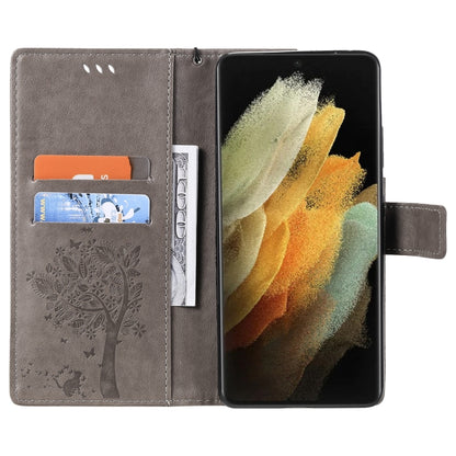 For Samsung Galaxy S21 Ultra 5G Tree & Cat Pattern Pressed Printing Horizontal Flip PU Leather Case with Holder & Card Slots & Wallet & Lanyard(Gray) by buy2fix