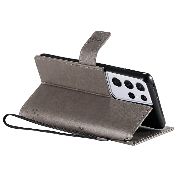 For Samsung Galaxy S21 Ultra 5G Tree & Cat Pattern Pressed Printing Horizontal Flip PU Leather Case with Holder & Card Slots & Wallet & Lanyard(Gray) by buy2fix