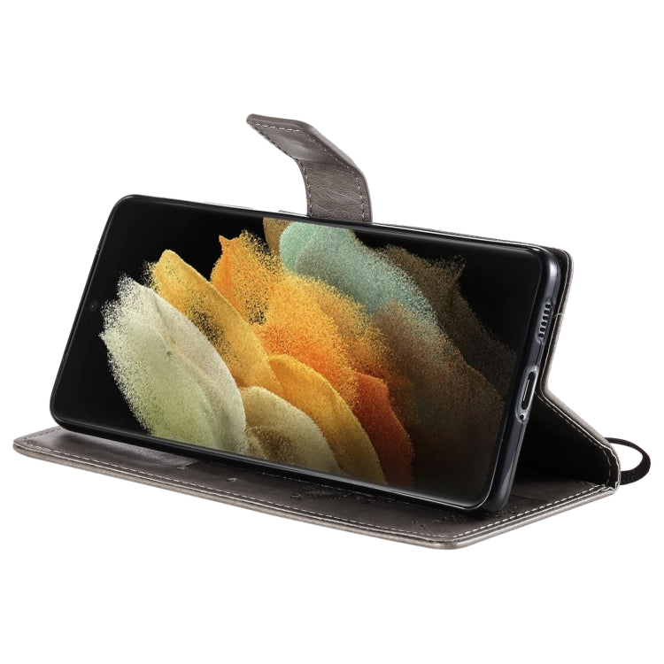 For Samsung Galaxy S21 Ultra 5G Tree & Cat Pattern Pressed Printing Horizontal Flip PU Leather Case with Holder & Card Slots & Wallet & Lanyard(Gray) by buy2fix