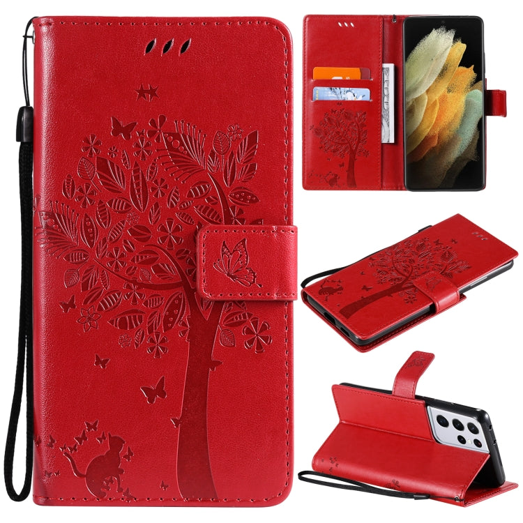 For Samsung Galaxy S21 Ultra 5G Tree & Cat Pattern Pressed Printing Horizontal Flip PU Leather Case with Holder & Card Slots & Wallet & Lanyard(Red) by buy2fix