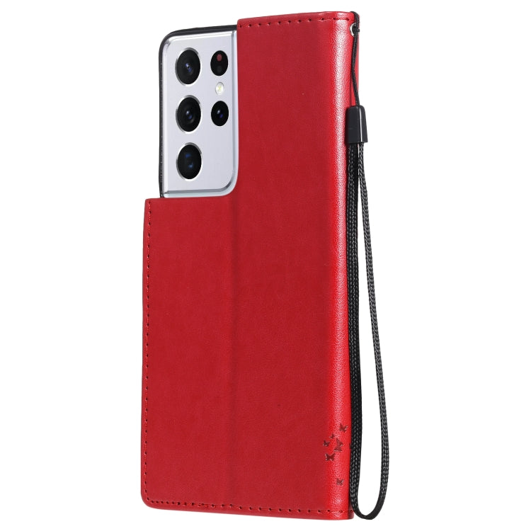 For Samsung Galaxy S21 Ultra 5G Tree & Cat Pattern Pressed Printing Horizontal Flip PU Leather Case with Holder & Card Slots & Wallet & Lanyard(Red) by buy2fix