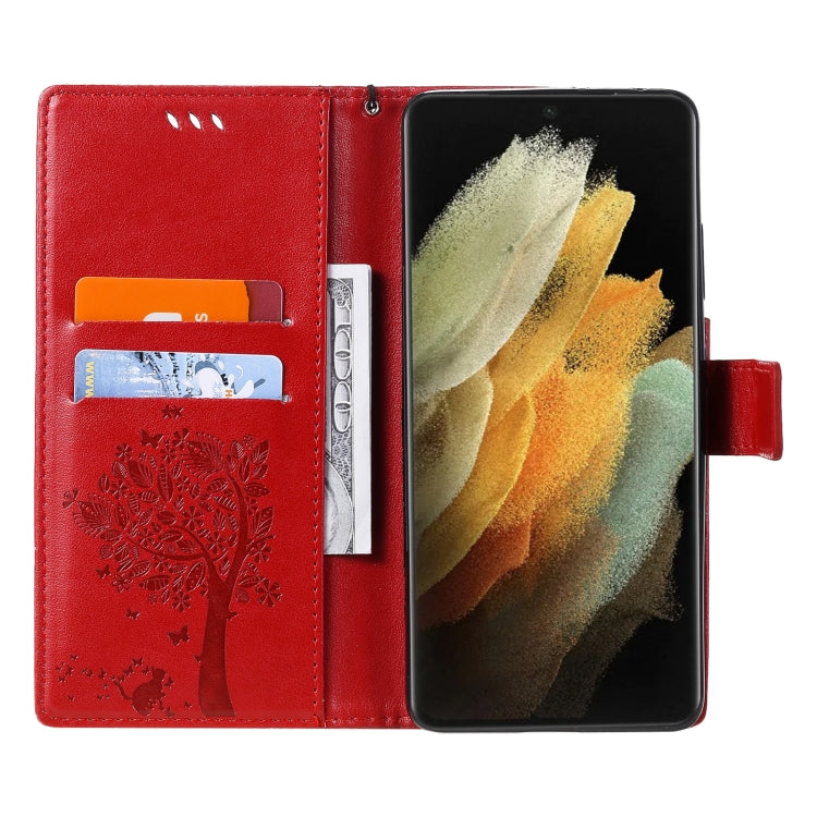 For Samsung Galaxy S21 Ultra 5G Tree & Cat Pattern Pressed Printing Horizontal Flip PU Leather Case with Holder & Card Slots & Wallet & Lanyard(Red) by buy2fix