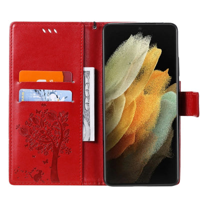 For Samsung Galaxy S21 Ultra 5G Tree & Cat Pattern Pressed Printing Horizontal Flip PU Leather Case with Holder & Card Slots & Wallet & Lanyard(Red) by buy2fix