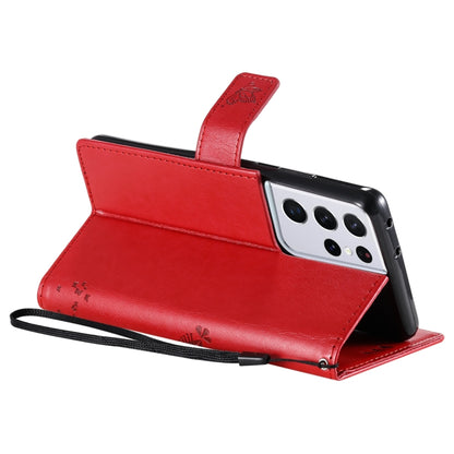 For Samsung Galaxy S21 Ultra 5G Tree & Cat Pattern Pressed Printing Horizontal Flip PU Leather Case with Holder & Card Slots & Wallet & Lanyard(Red) by buy2fix