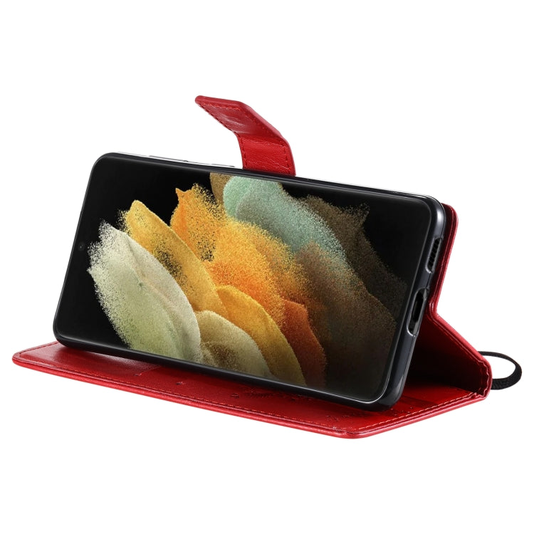 For Samsung Galaxy S21 Ultra 5G Tree & Cat Pattern Pressed Printing Horizontal Flip PU Leather Case with Holder & Card Slots & Wallet & Lanyard(Red) by buy2fix