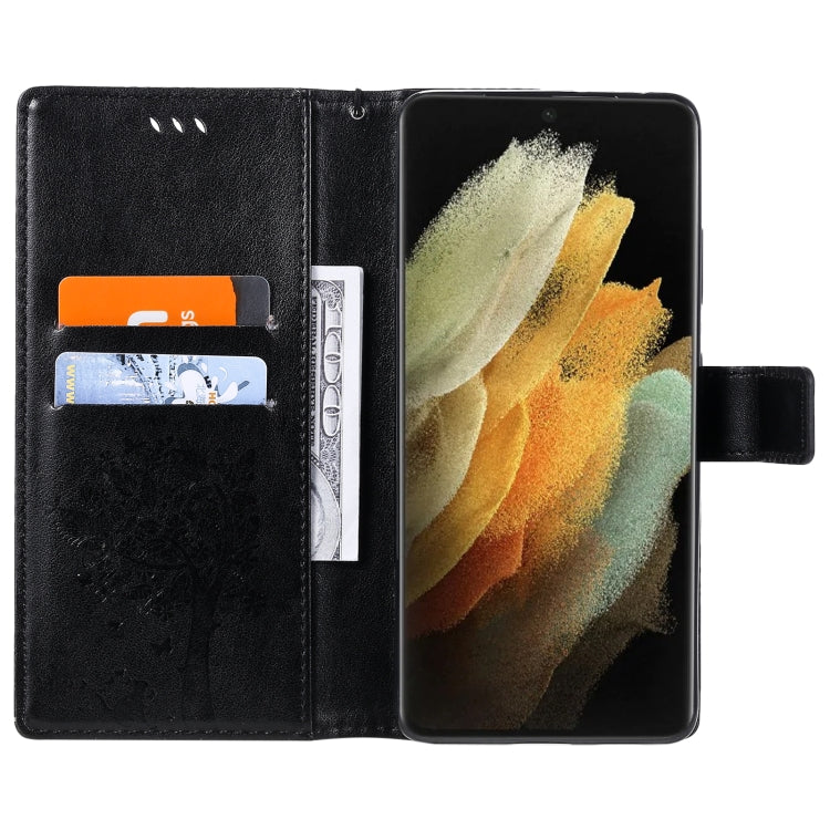 For Samsung Galaxy S21 Ultra 5G Tree & Cat Pattern Pressed Printing Horizontal Flip PU Leather Case with Holder & Card Slots & Wallet & Lanyard(Black) by buy2fix