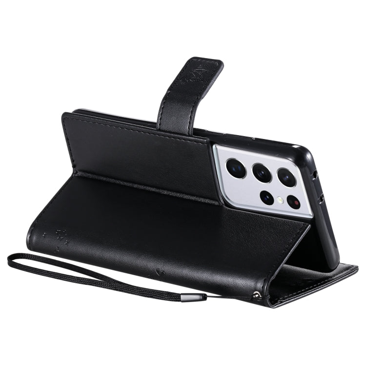 For Samsung Galaxy S21 Ultra 5G Tree & Cat Pattern Pressed Printing Horizontal Flip PU Leather Case with Holder & Card Slots & Wallet & Lanyard(Black) by buy2fix