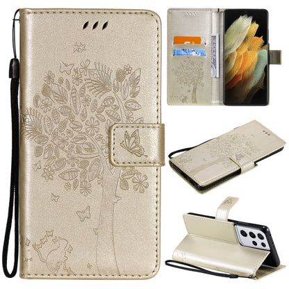 For Samsung Galaxy S21 Ultra 5G Tree & Cat Pattern Pressed Printing Horizontal Flip PU Leather Case with Holder & Card Slots & Wallet & Lanyard(Gold) by buy2fix