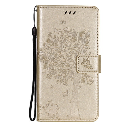 For Samsung Galaxy S21 Ultra 5G Tree & Cat Pattern Pressed Printing Horizontal Flip PU Leather Case with Holder & Card Slots & Wallet & Lanyard(Gold) by buy2fix