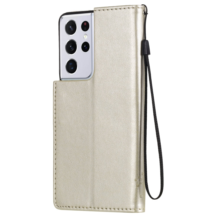 For Samsung Galaxy S21 Ultra 5G Tree & Cat Pattern Pressed Printing Horizontal Flip PU Leather Case with Holder & Card Slots & Wallet & Lanyard(Gold) by buy2fix