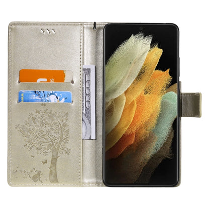 For Samsung Galaxy S21 Ultra 5G Tree & Cat Pattern Pressed Printing Horizontal Flip PU Leather Case with Holder & Card Slots & Wallet & Lanyard(Gold) by buy2fix