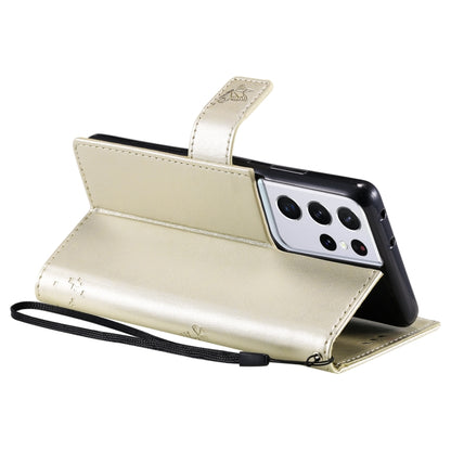 For Samsung Galaxy S21 Ultra 5G Tree & Cat Pattern Pressed Printing Horizontal Flip PU Leather Case with Holder & Card Slots & Wallet & Lanyard(Gold) by buy2fix