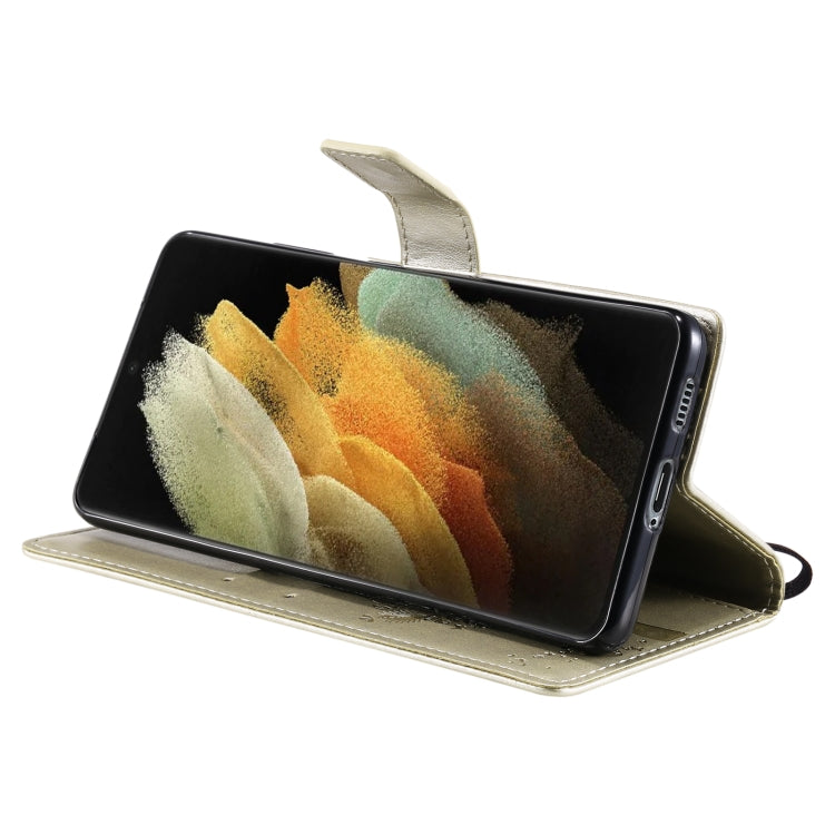 For Samsung Galaxy S21 Ultra 5G Tree & Cat Pattern Pressed Printing Horizontal Flip PU Leather Case with Holder & Card Slots & Wallet & Lanyard(Gold) by buy2fix