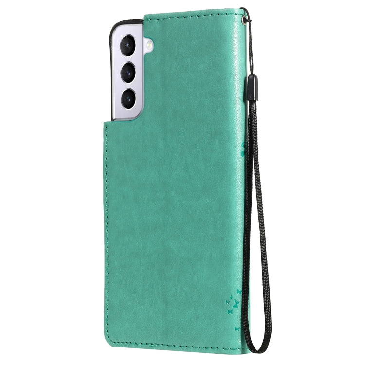 For Samsung Galaxy S21 5G Tree & Cat Pattern Pressed Printing Horizontal Flip PU Leather Case with Holder & Card Slots & Wallet & Lanyard(Green) by buy2fix