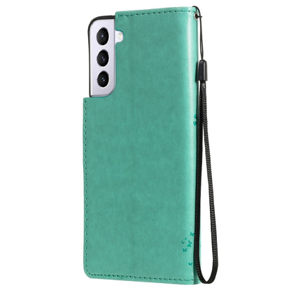 For Samsung Galaxy S21 5G Tree & Cat Pattern Pressed Printing Horizontal Flip PU Leather Case with Holder & Card Slots & Wallet & Lanyard(Green) by buy2fix