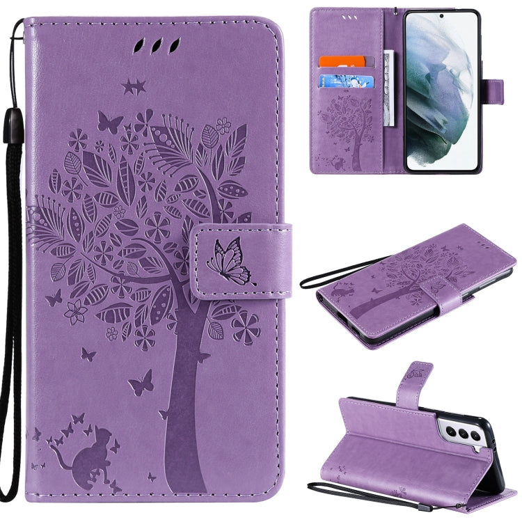 For Samsung Galaxy S21 5G Tree & Cat Pattern Pressed Printing Horizontal Flip PU Leather Case with Holder & Card Slots & Wallet & Lanyard(Lavender) by buy2fix
