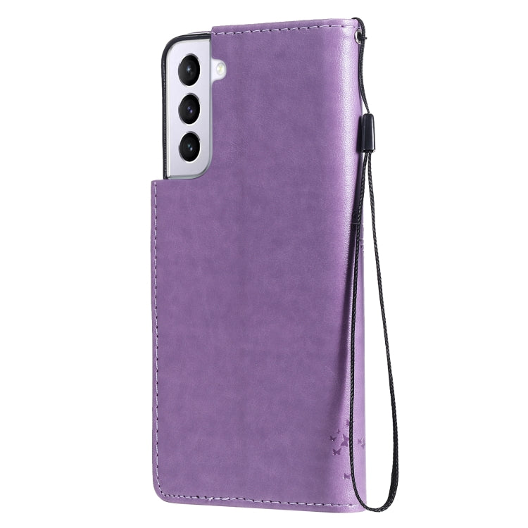 For Samsung Galaxy S21 5G Tree & Cat Pattern Pressed Printing Horizontal Flip PU Leather Case with Holder & Card Slots & Wallet & Lanyard(Lavender) by buy2fix