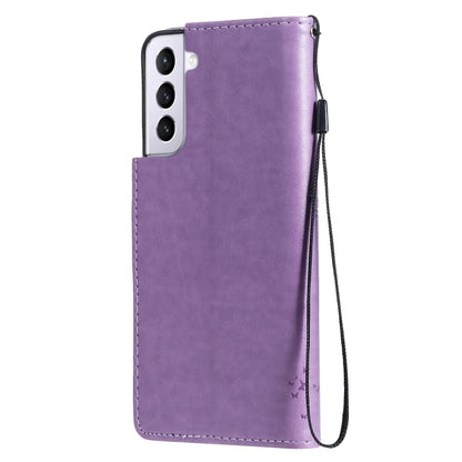 For Samsung Galaxy S21 5G Tree & Cat Pattern Pressed Printing Horizontal Flip PU Leather Case with Holder & Card Slots & Wallet & Lanyard(Lavender) by buy2fix