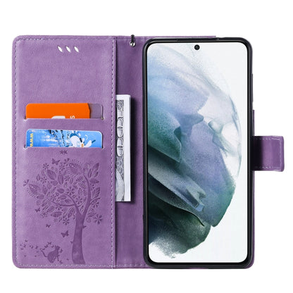 For Samsung Galaxy S21 5G Tree & Cat Pattern Pressed Printing Horizontal Flip PU Leather Case with Holder & Card Slots & Wallet & Lanyard(Lavender) by buy2fix