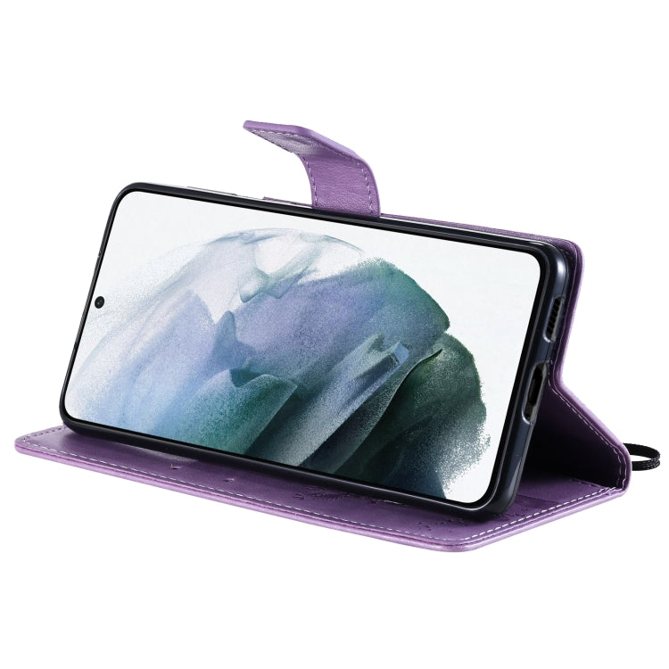 For Samsung Galaxy S21 5G Tree & Cat Pattern Pressed Printing Horizontal Flip PU Leather Case with Holder & Card Slots & Wallet & Lanyard(Lavender) by buy2fix