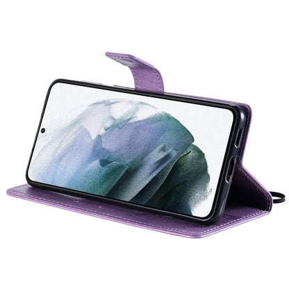 For Samsung Galaxy S21 5G Tree & Cat Pattern Pressed Printing Horizontal Flip PU Leather Case with Holder & Card Slots & Wallet & Lanyard(Lavender) by buy2fix