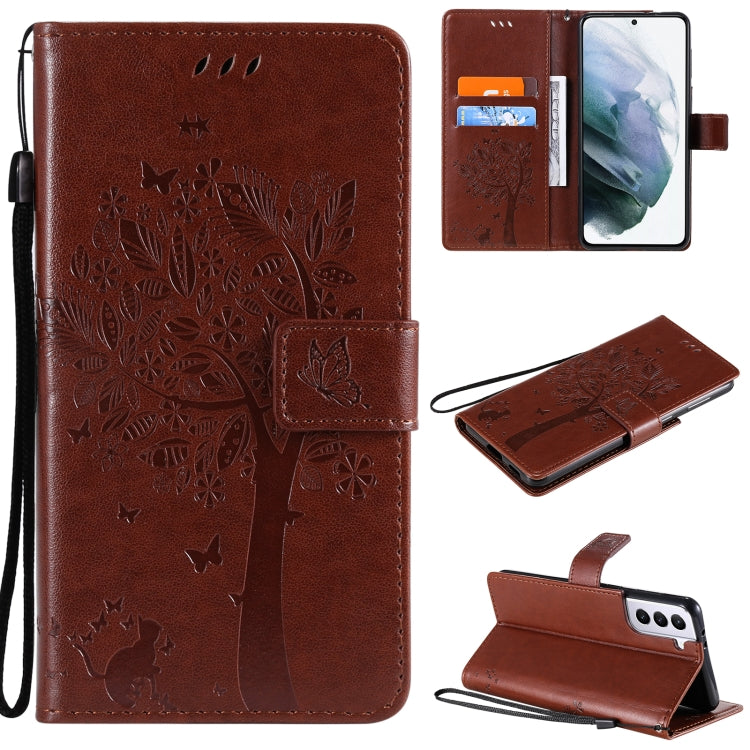 For Samsung Galaxy S21 5G Tree & Cat Pattern Pressed Printing Horizontal Flip PU Leather Case with Holder & Card Slots & Wallet & Lanyard(Coffee) by buy2fix