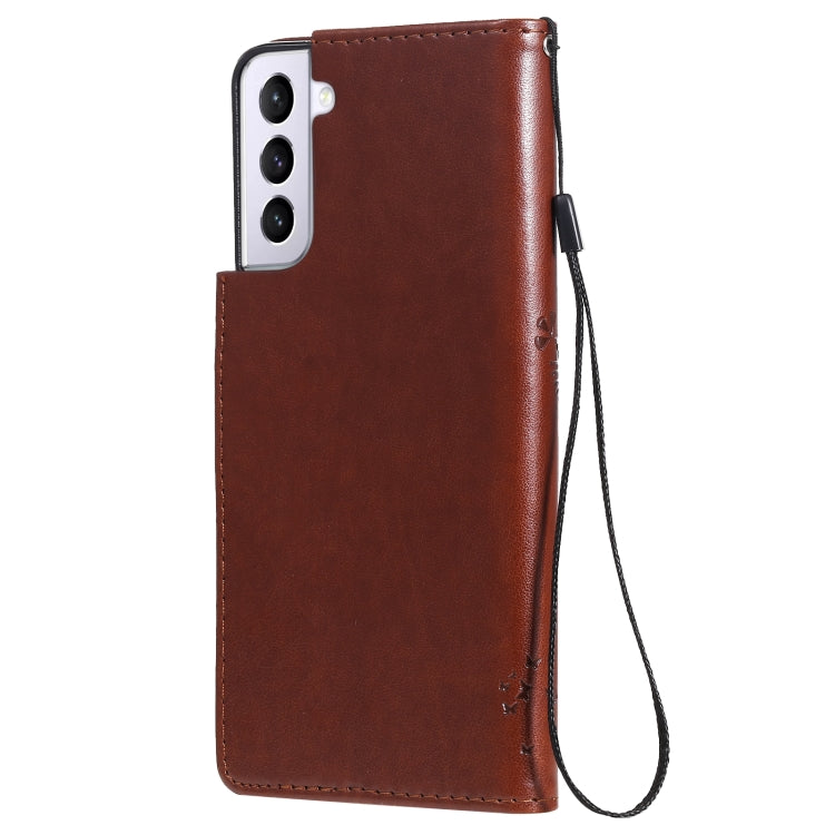 For Samsung Galaxy S21 5G Tree & Cat Pattern Pressed Printing Horizontal Flip PU Leather Case with Holder & Card Slots & Wallet & Lanyard(Coffee) by buy2fix