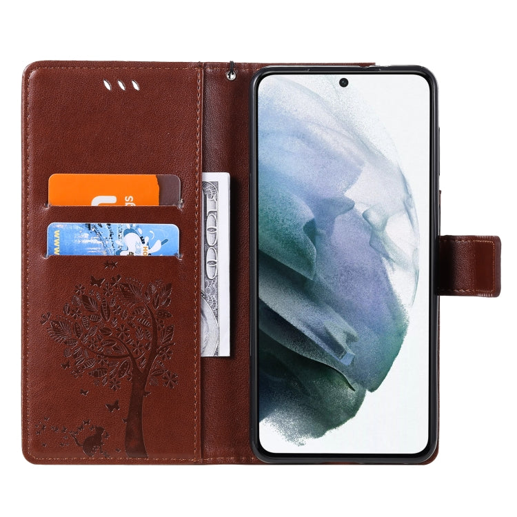 For Samsung Galaxy S21 5G Tree & Cat Pattern Pressed Printing Horizontal Flip PU Leather Case with Holder & Card Slots & Wallet & Lanyard(Coffee) by buy2fix