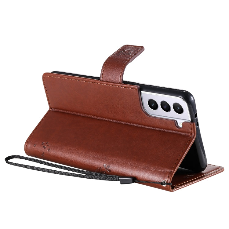 For Samsung Galaxy S21 5G Tree & Cat Pattern Pressed Printing Horizontal Flip PU Leather Case with Holder & Card Slots & Wallet & Lanyard(Coffee) by buy2fix
