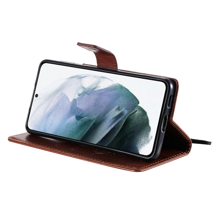 For Samsung Galaxy S21 5G Tree & Cat Pattern Pressed Printing Horizontal Flip PU Leather Case with Holder & Card Slots & Wallet & Lanyard(Coffee) by buy2fix