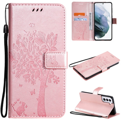 For Samsung Galaxy S21 5G Tree & Cat Pattern Pressed Printing Horizontal Flip PU Leather Case with Holder & Card Slots & Wallet & Lanyard(Rose gold) by buy2fix