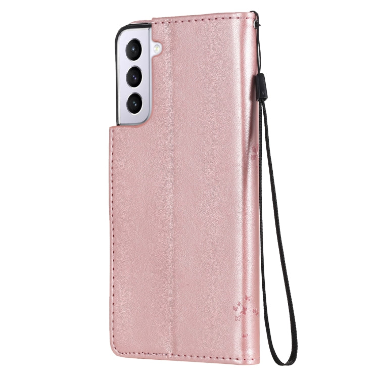 For Samsung Galaxy S21 5G Tree & Cat Pattern Pressed Printing Horizontal Flip PU Leather Case with Holder & Card Slots & Wallet & Lanyard(Rose gold) by buy2fix