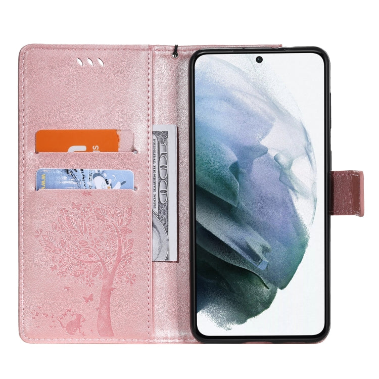 For Samsung Galaxy S21 5G Tree & Cat Pattern Pressed Printing Horizontal Flip PU Leather Case with Holder & Card Slots & Wallet & Lanyard(Rose gold) by buy2fix