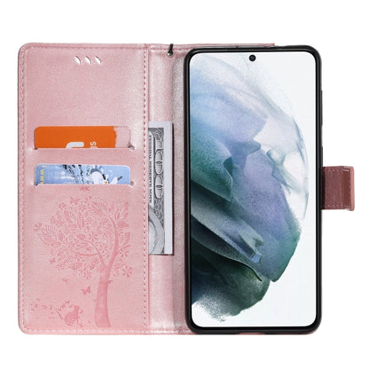 For Samsung Galaxy S21 5G Tree & Cat Pattern Pressed Printing Horizontal Flip PU Leather Case with Holder & Card Slots & Wallet & Lanyard(Rose gold) by buy2fix