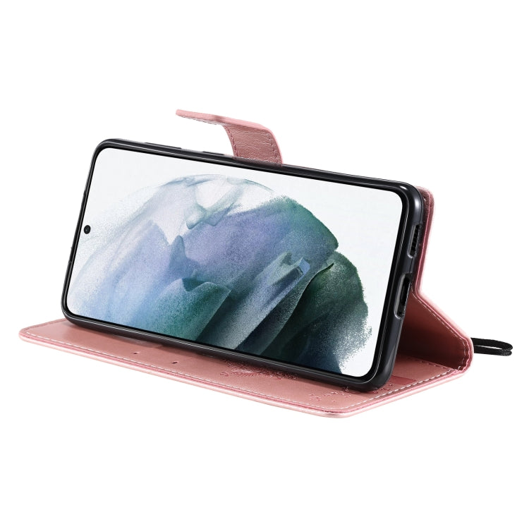 For Samsung Galaxy S21 5G Tree & Cat Pattern Pressed Printing Horizontal Flip PU Leather Case with Holder & Card Slots & Wallet & Lanyard(Rose gold) by buy2fix