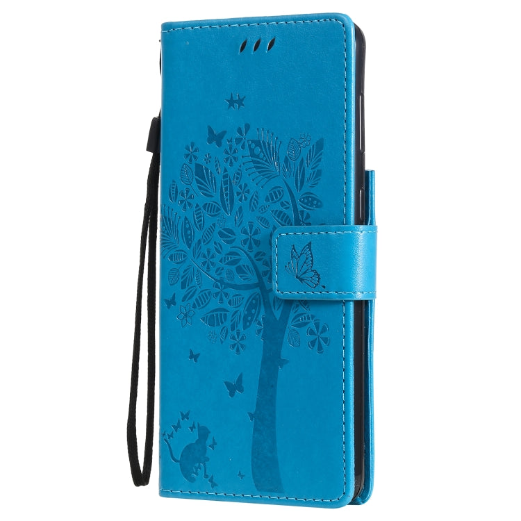 For Samsung Galaxy S21 5G Tree & Cat Pattern Pressed Printing Horizontal Flip PU Leather Case with Holder & Card Slots & Wallet & Lanyard(Blue) by buy2fix