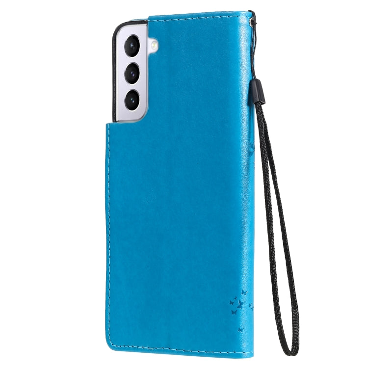 For Samsung Galaxy S21 5G Tree & Cat Pattern Pressed Printing Horizontal Flip PU Leather Case with Holder & Card Slots & Wallet & Lanyard(Blue) by buy2fix