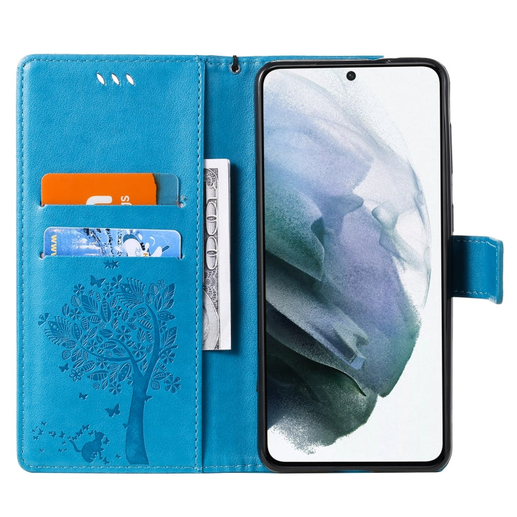For Samsung Galaxy S21 5G Tree & Cat Pattern Pressed Printing Horizontal Flip PU Leather Case with Holder & Card Slots & Wallet & Lanyard(Blue) by buy2fix