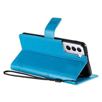 For Samsung Galaxy S21 5G Tree & Cat Pattern Pressed Printing Horizontal Flip PU Leather Case with Holder & Card Slots & Wallet & Lanyard(Blue) by buy2fix