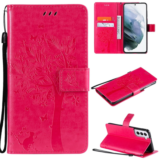 For Samsung Galaxy S21 5G Tree & Cat Pattern Pressed Printing Horizontal Flip PU Leather Case with Holder & Card Slots & Wallet & Lanyard(Rose) by buy2fix