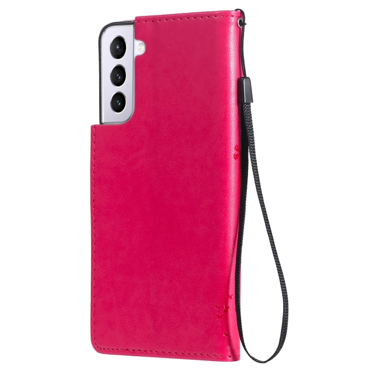 For Samsung Galaxy S21 5G Tree & Cat Pattern Pressed Printing Horizontal Flip PU Leather Case with Holder & Card Slots & Wallet & Lanyard(Rose) by buy2fix
