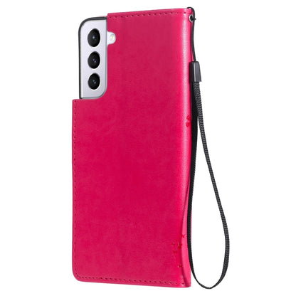 For Samsung Galaxy S21 5G Tree & Cat Pattern Pressed Printing Horizontal Flip PU Leather Case with Holder & Card Slots & Wallet & Lanyard(Rose) by buy2fix