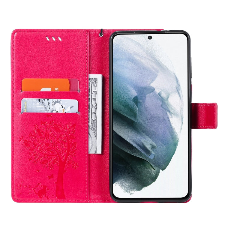 For Samsung Galaxy S21 5G Tree & Cat Pattern Pressed Printing Horizontal Flip PU Leather Case with Holder & Card Slots & Wallet & Lanyard(Rose) by buy2fix