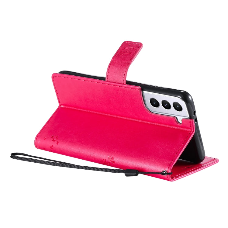 For Samsung Galaxy S21 5G Tree & Cat Pattern Pressed Printing Horizontal Flip PU Leather Case with Holder & Card Slots & Wallet & Lanyard(Rose) by buy2fix