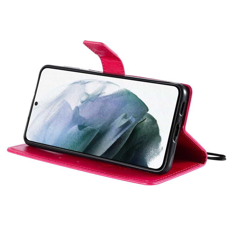 For Samsung Galaxy S21 5G Tree & Cat Pattern Pressed Printing Horizontal Flip PU Leather Case with Holder & Card Slots & Wallet & Lanyard(Rose) by buy2fix